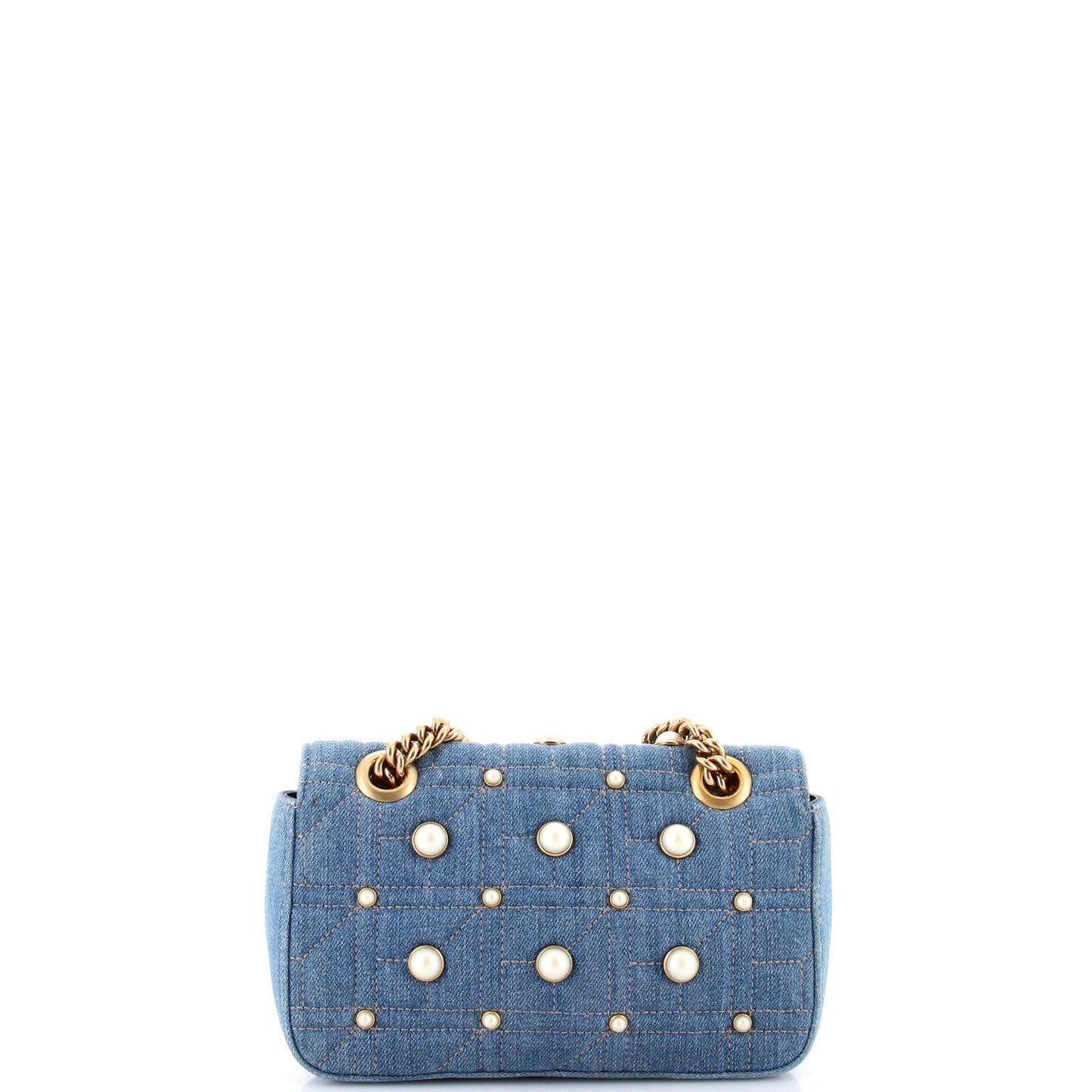Gucci Pearly Gg Marmont Flap Bag Embellished Matelasse Denim Mini