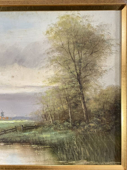 Framed Original Oil Painting European Landscape Windmill Signed Frederiks