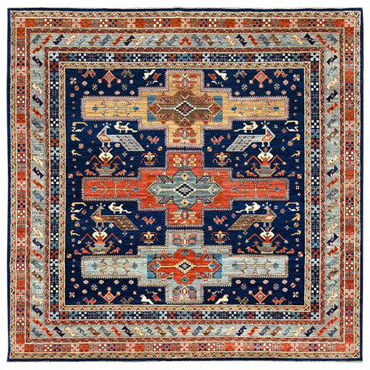 8'X7'10" Blue Armenian Inspired Caucasian Design Square Oriental Rug