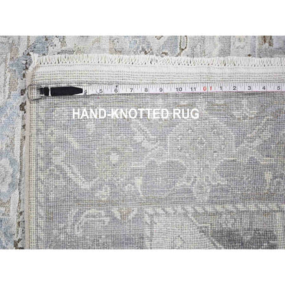 4'X6'2" Gray Pure Silk & Textured Wool Oushak Geometric Motif Rug