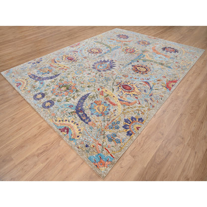 9'1"X12'4" Silk With Wool Hand Knotted Tan Sickle Leaf Design Rug