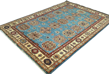 Tribal Geometric Kazak Area Rug Blue Farmho Boho