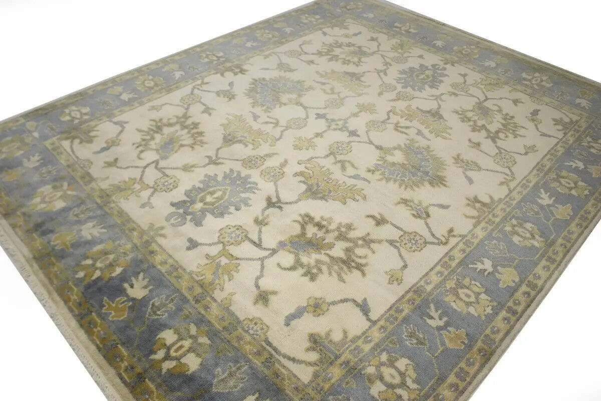 Hand-Knotted Oushak Chobi Wool Rug Cream Floral