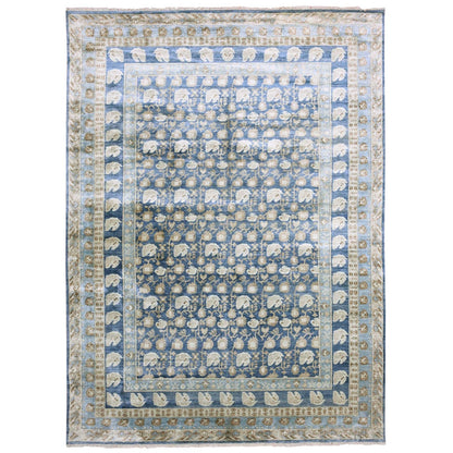 8'9"X12' Yale Blue Hand Knotted 100% Pure Real Silk Khotan Design Rug
