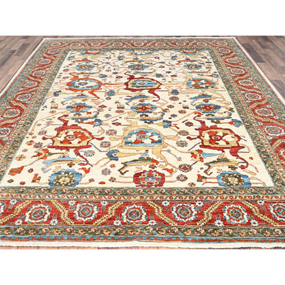 8'1"X9'9" White Wool 200 Kpsi Heris Design Hand Knotted Oriental Rug