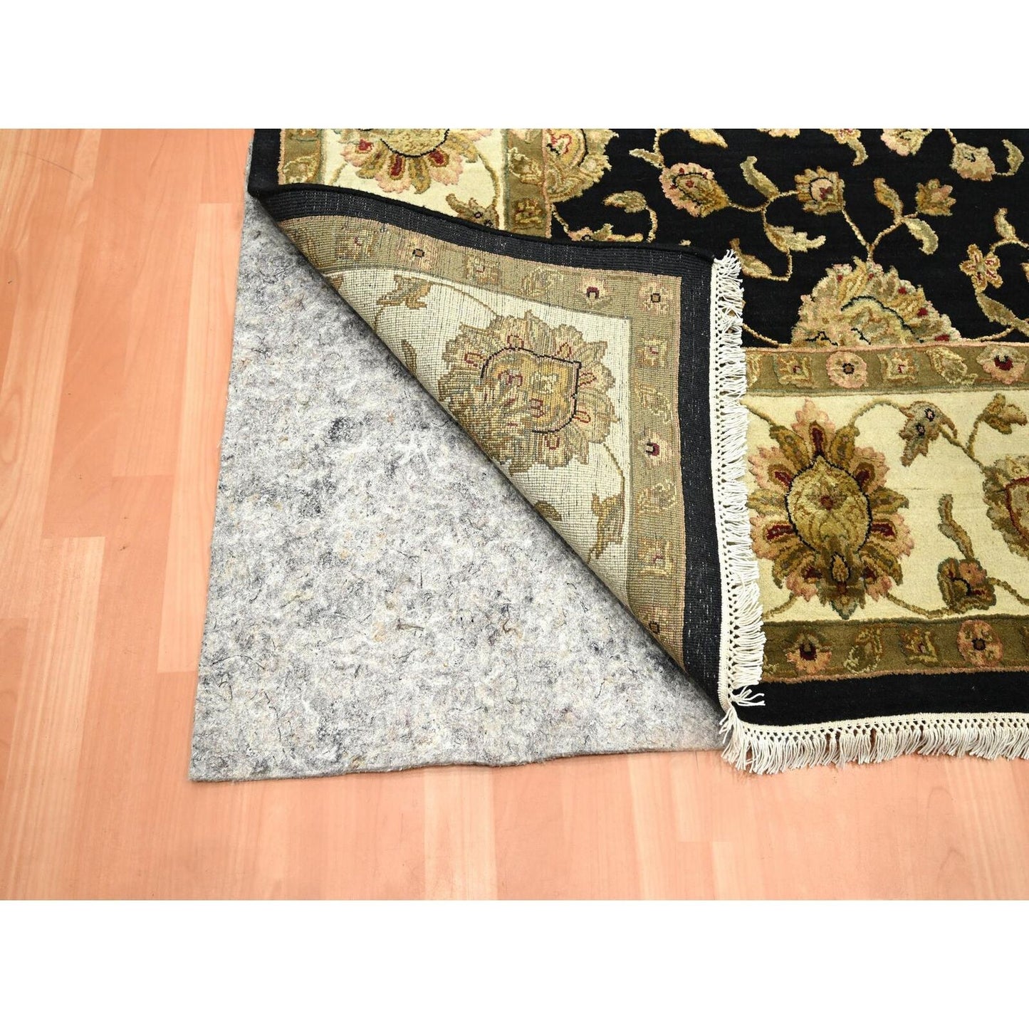 7'9"X10' Black Wool And Silk Hand Knotted Rajasthan All Over Design Rug
