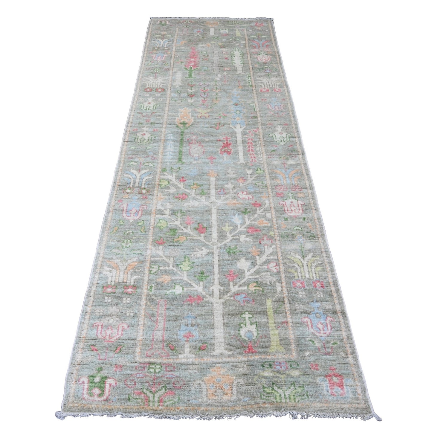 3'2"X9'9" Green Hand Knotted Angora Oushak Tree Design Wool Runner Rug