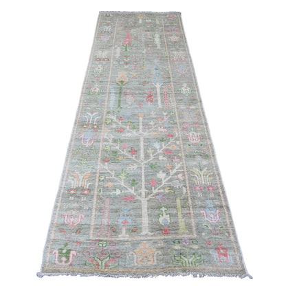 3'2"X9'9" Green Hand Knotted Angora Oushak Tree Design Wool Runner Rug