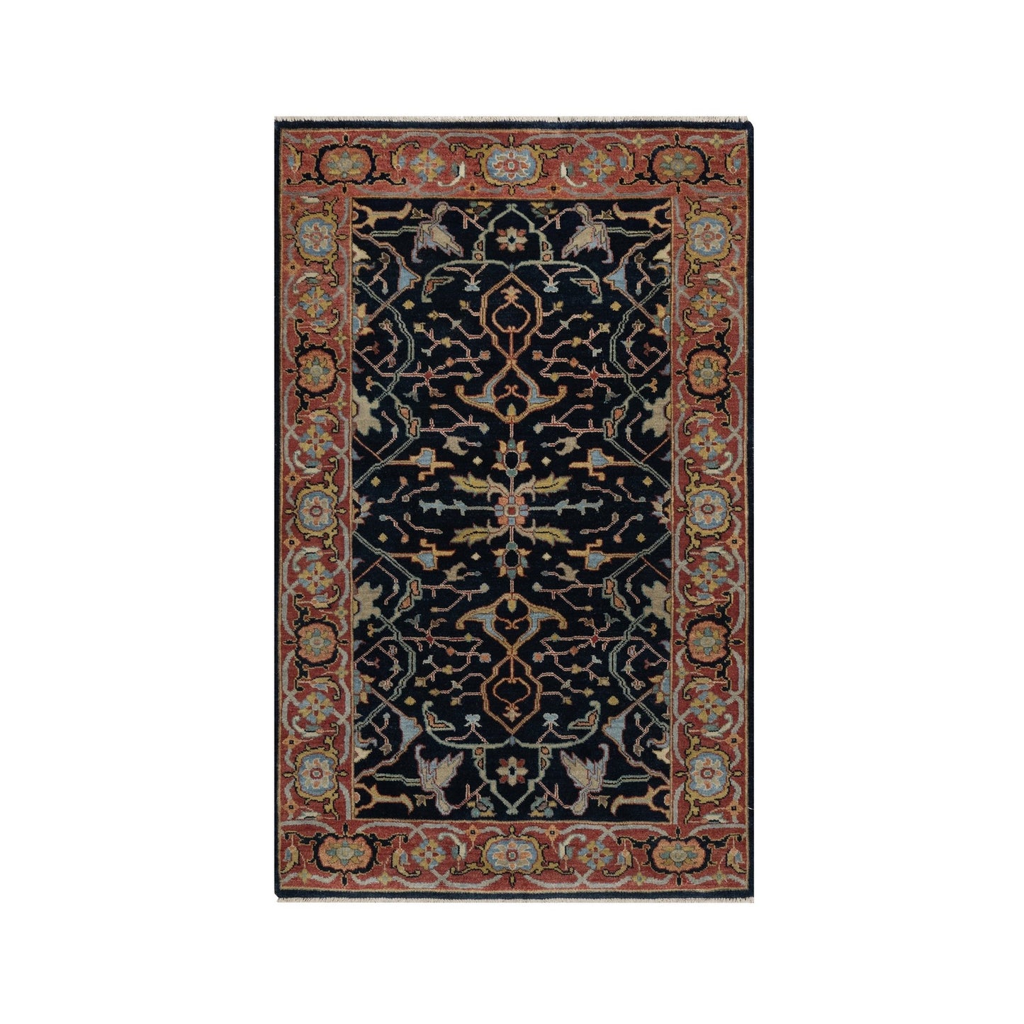 3'3"X5'3" Midnight Blue Antiqued Heris Re-Creation Hand Knotted Wool Rug