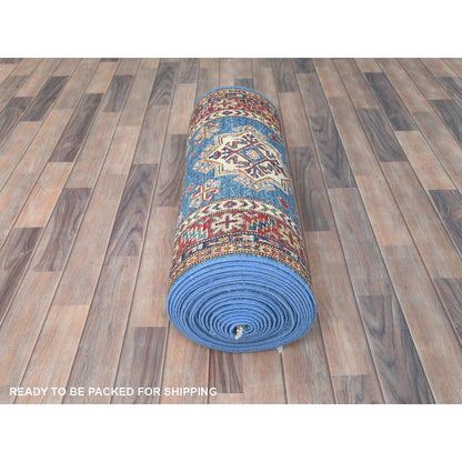 2'8"X34' Denim Blue Wool Hand Knotted Afghan Super Kazak Xl Runner Rug