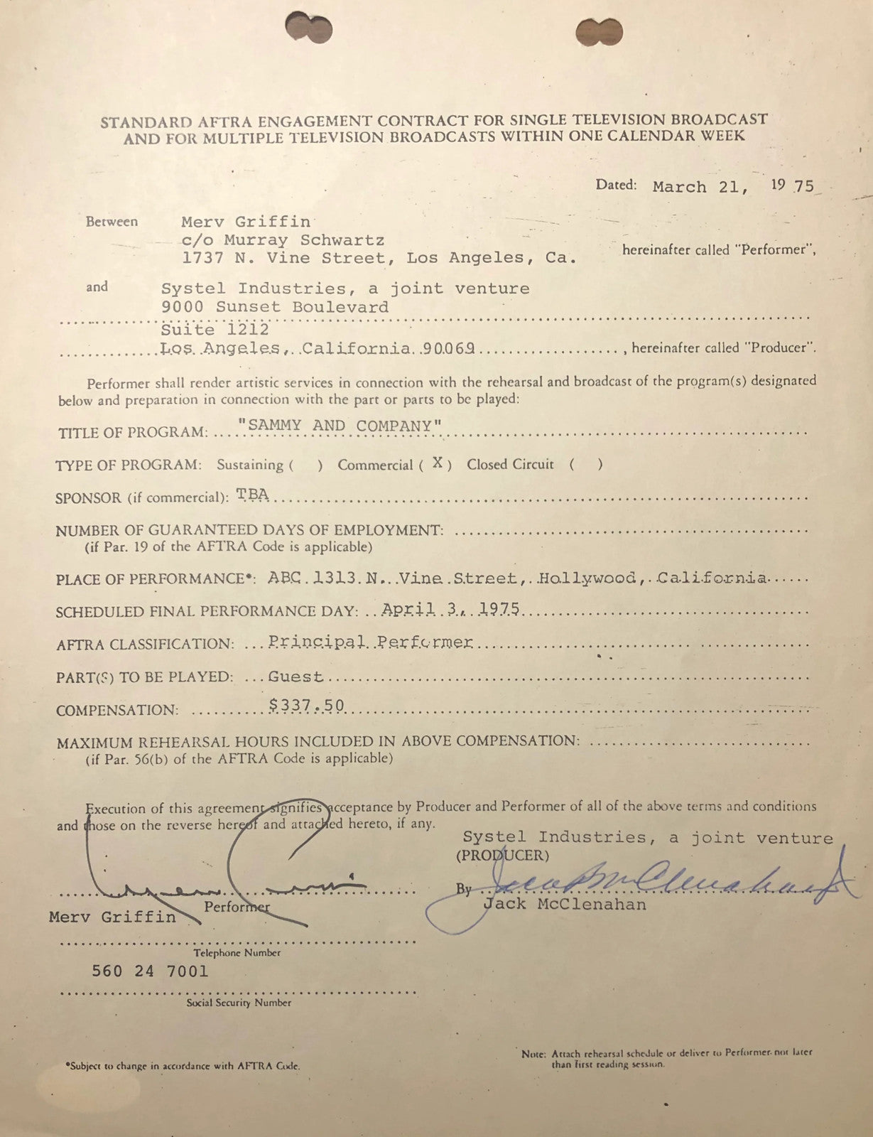 Merv Griffin Autographed Contract (Jsa)