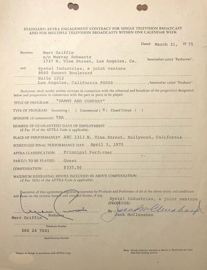 Merv Griffin Autographed Contract (Jsa)