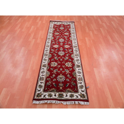 2'6"X8'2" Red Wool And Silk Hand Knotted Rajasthan Design Runner Rug