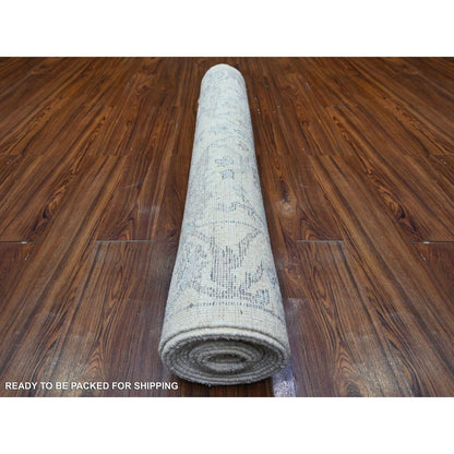 4'X16'1" Lily White Hand Knotted Faded Angora Oushak Wide Runner Rug