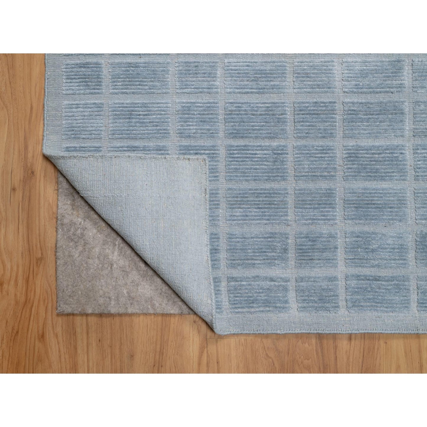 8'2"X9'10" Stone Blue Modern Erased Box Design Hand Loomed Pure Wool Rug