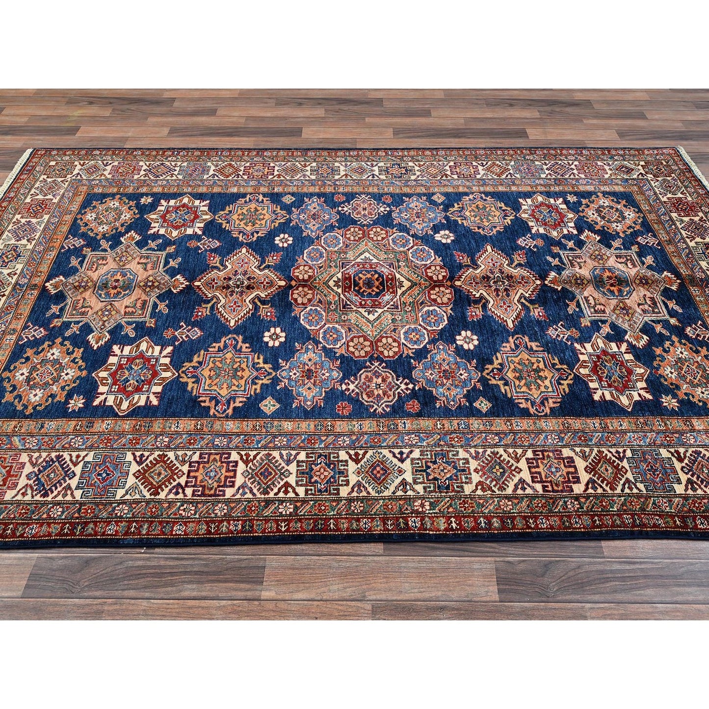 5'10"X8'10" Navy Blue Afghan Super Kazak Hand Knotted Soft Wool Rug