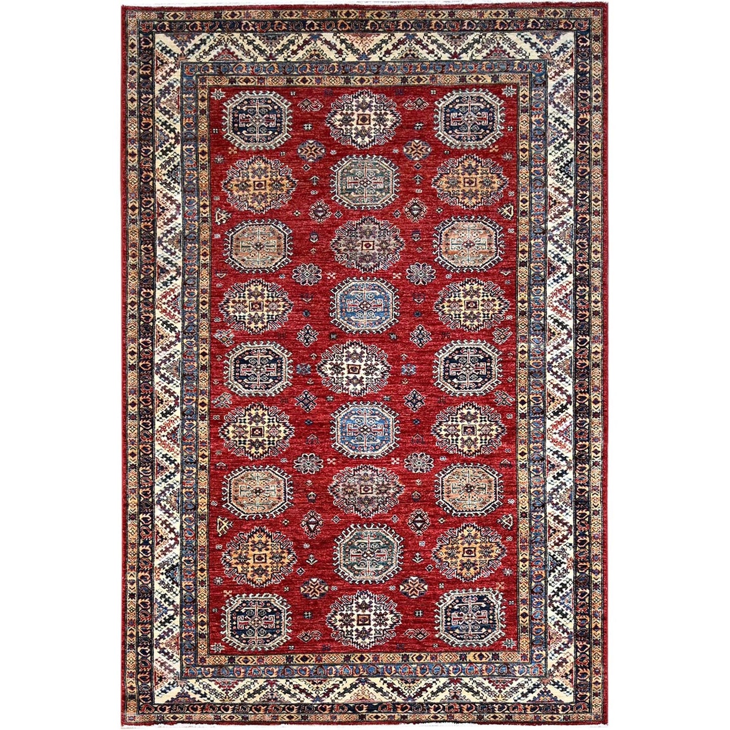 6'1"X8'10" Toreador Red Afghan Hand Knotted Super Kazak Wool Oriental Rug