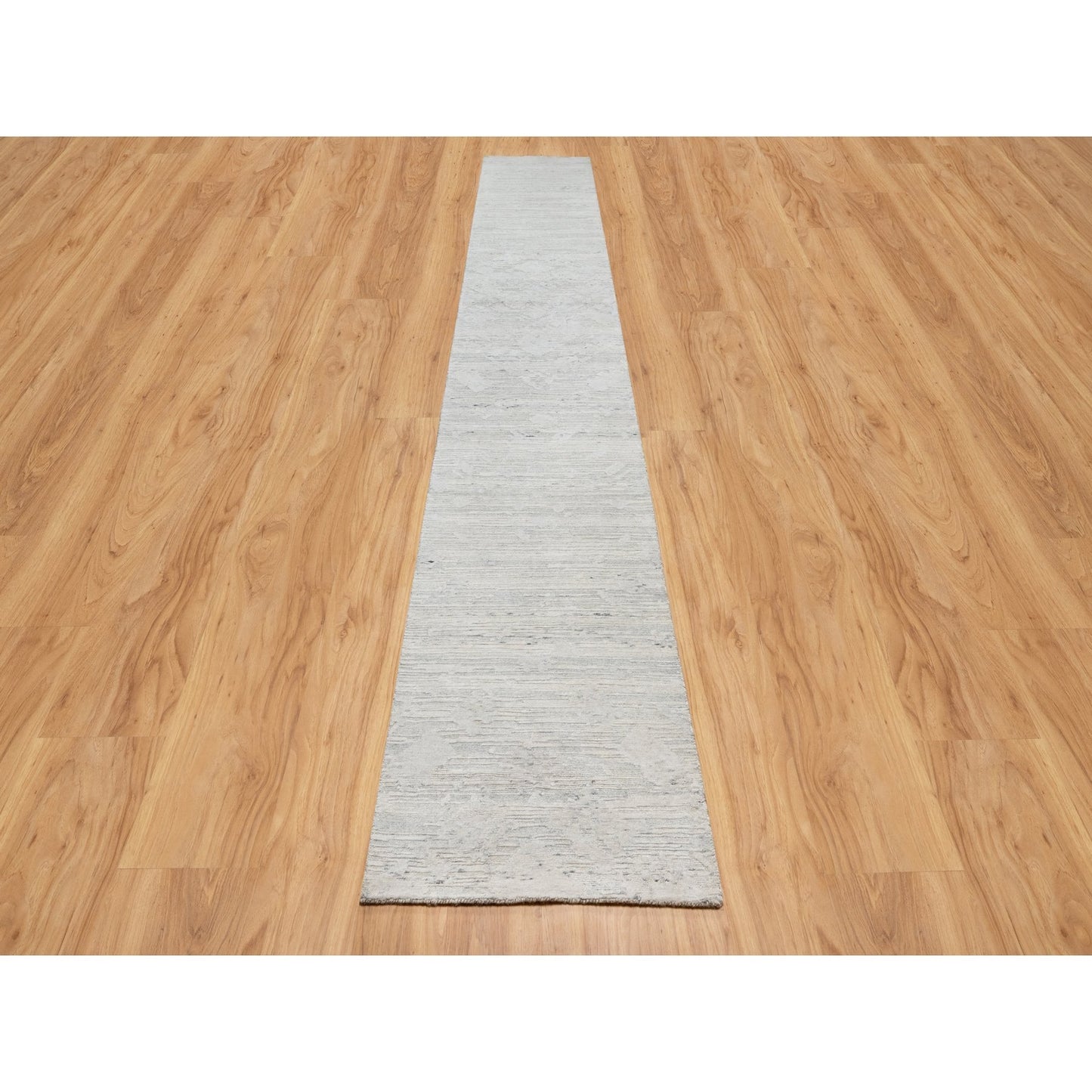 2'6"X15'9" Gray Undyed Natural Wool Hand Knotted Modern Xl Runner Rug