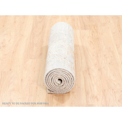 2'9"X10' Beige With Brown Modern Wool-Silk Hand Knotted Runner Rug
