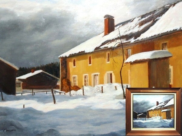 Yvette signed French village oil painting snow landscape