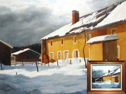 Yvette signed French village oil painting snow landscape