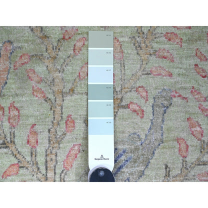 2'5"X9'9" Green Afghan Peshawar Birds Design Hand Knotted Wool Runner Rug