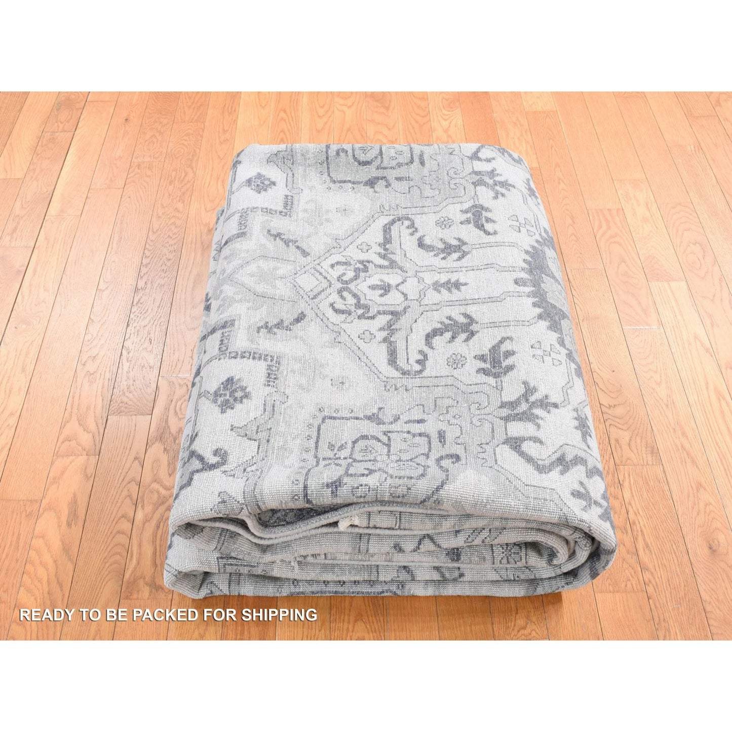 9'X12' Ash Grey Heriz Design Wool And Silk Hand Knotted Oriental Rug