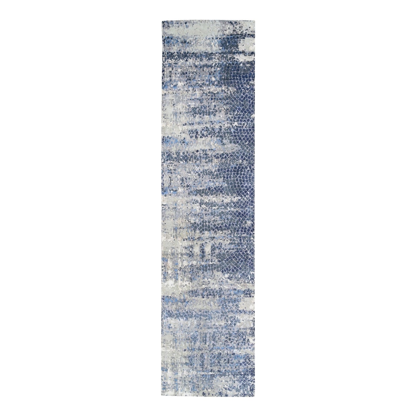 2'5"x10' Blue Abstract With Mosaic Design Wool And Silk Hand Knotted Rug