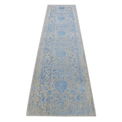 2'5"X10'1" Blue Jacquard Hand Loomed Wool And Silk Pomegranate Runner Rug