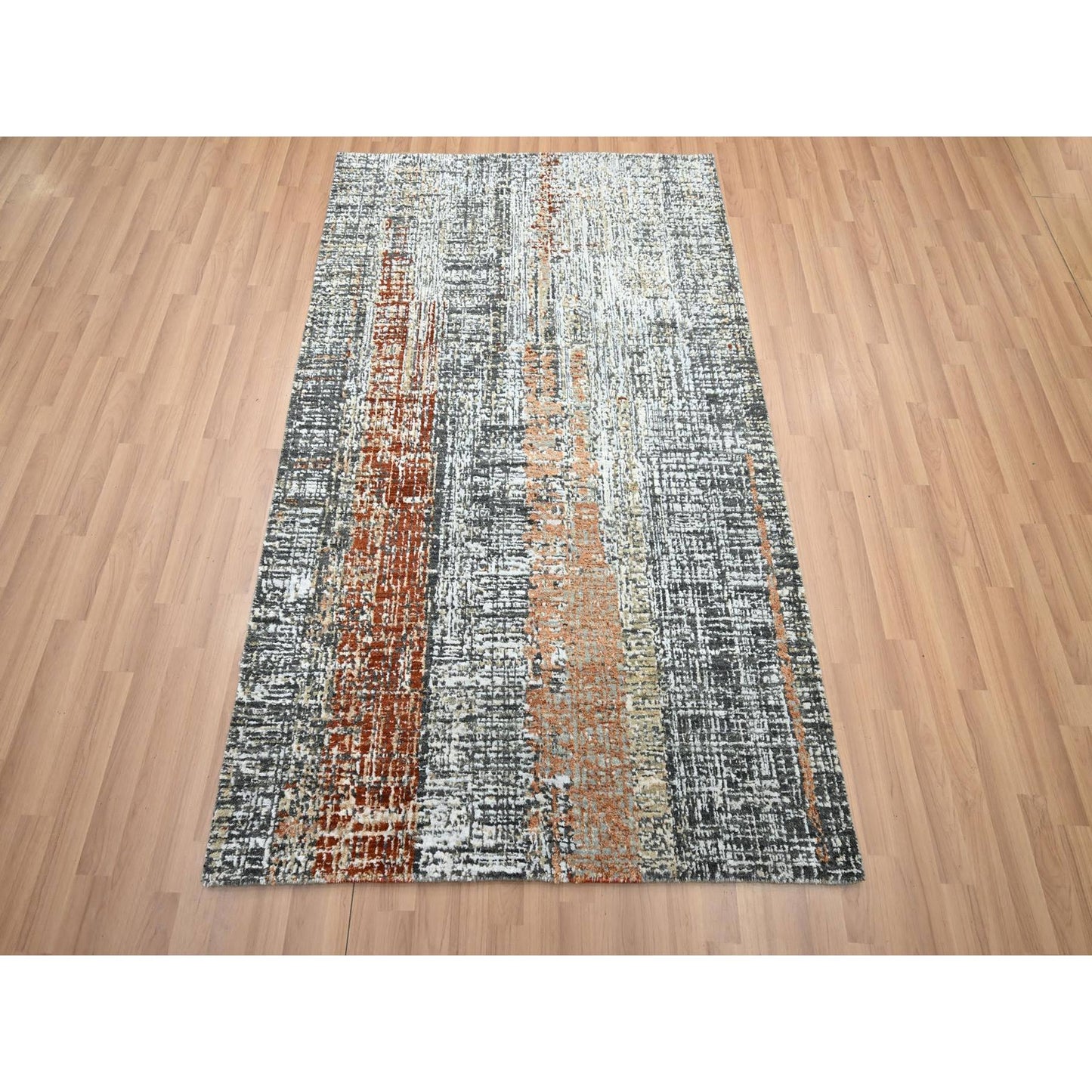 4'1"X6'3" Gray With Rust Hand Knotted Abstract Galaxy Design All Wool Rug