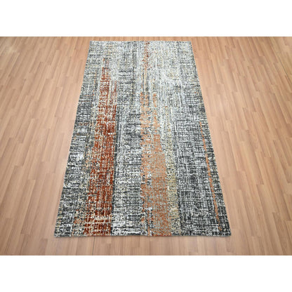 4'1"X6'3" Gray With Rust Hand Knotted Abstract Galaxy Design All Wool Rug