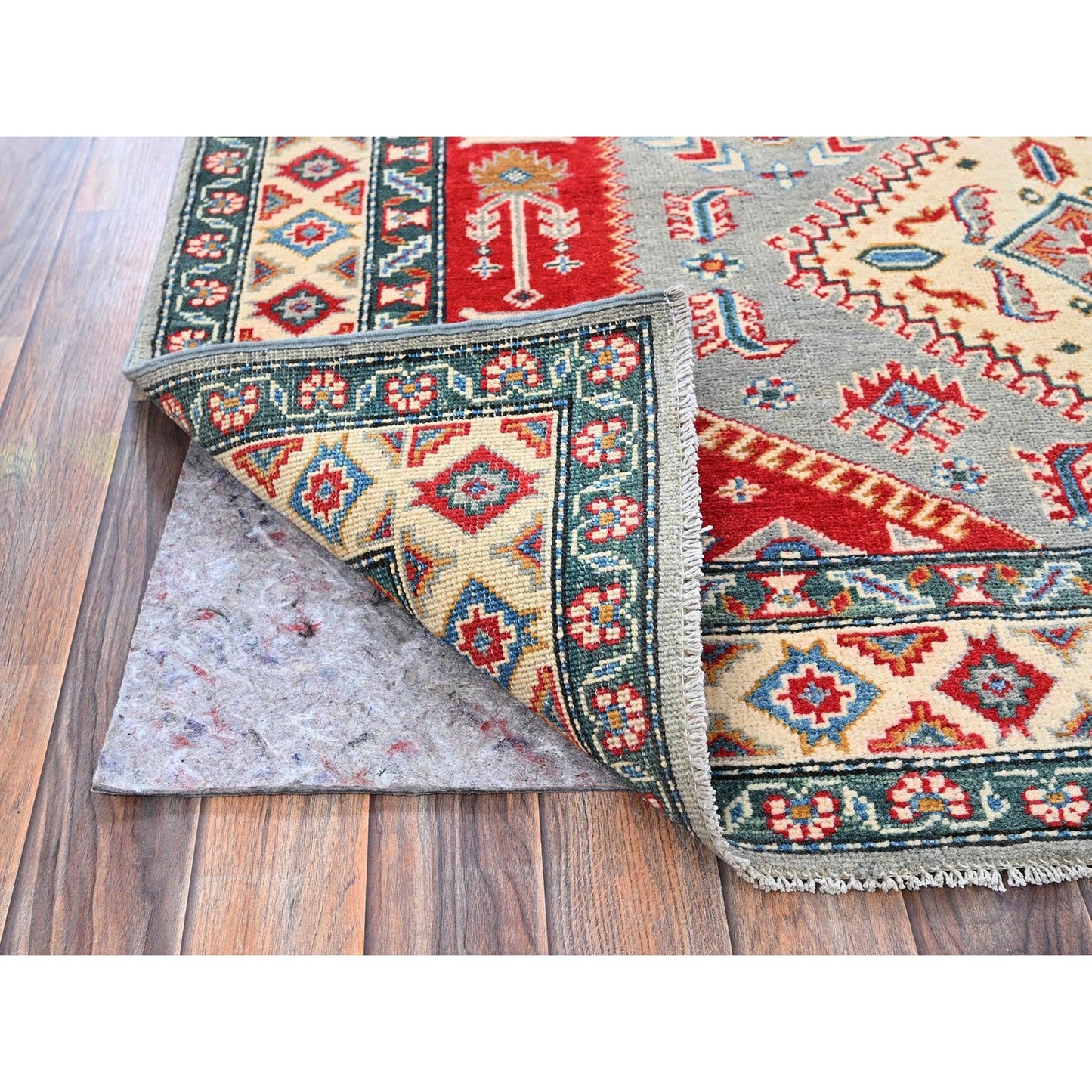 5'1"X7' Gray With Red Kazak Geometric Design Pure Wool Hand Knotted Rug