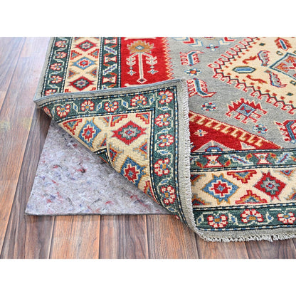 5'1"X7' Gray With Red Kazak Geometric Design Pure Wool Hand Knotted Rug
