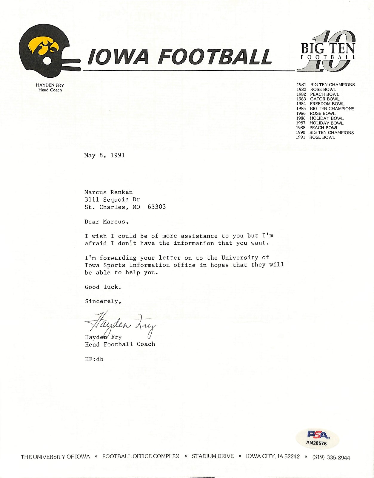 Hayden Fry Football Coach Signed Tls Letter University Of Iowa Psa/Dna 185275