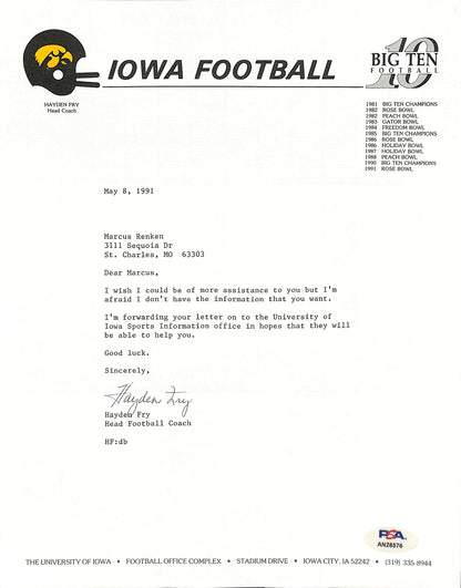 Hayden Fry Football Coach Signed Tls Letter University Of Iowa Psa/Dna 185275