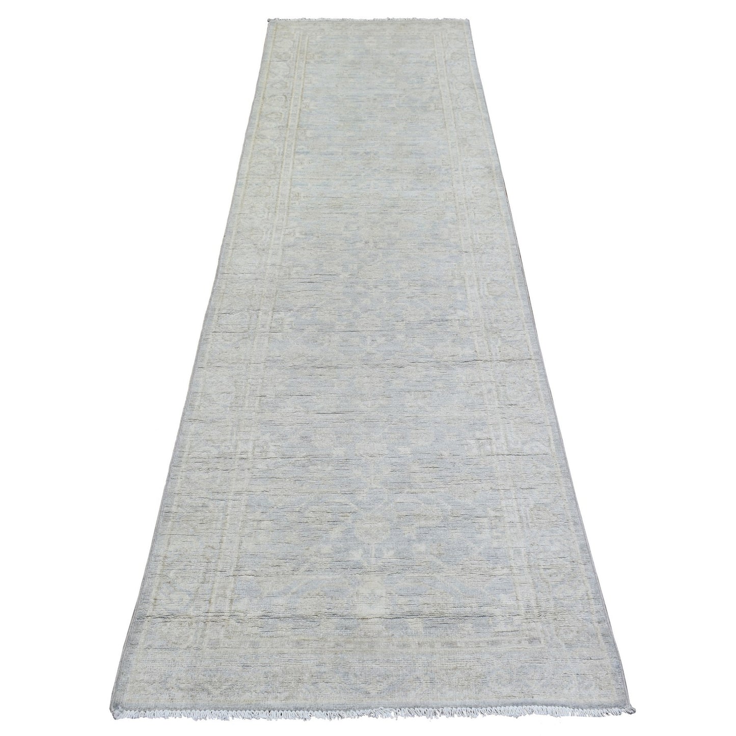 2'8"X9'6" Blue, Hand Knotted Washed Out Peshawar, Soft Wool, Runner Rug