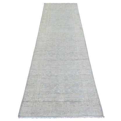 2'8"X9'6" Blue, Hand Knotted Washed Out Peshawar, Soft Wool, Runner Rug
