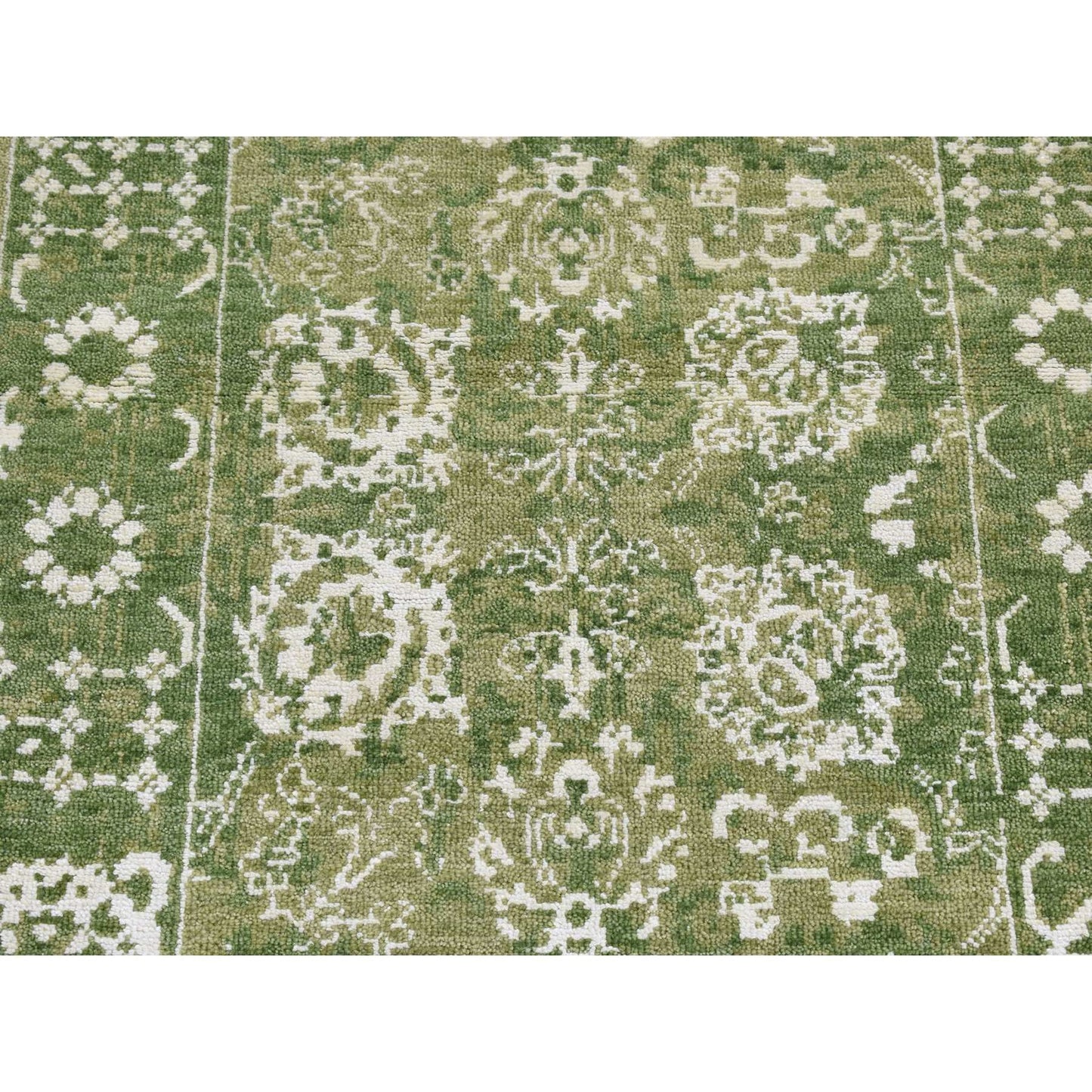 2'6"X6' Green Tebraz Design Wool And Silk Hand Knotted Runner Rug