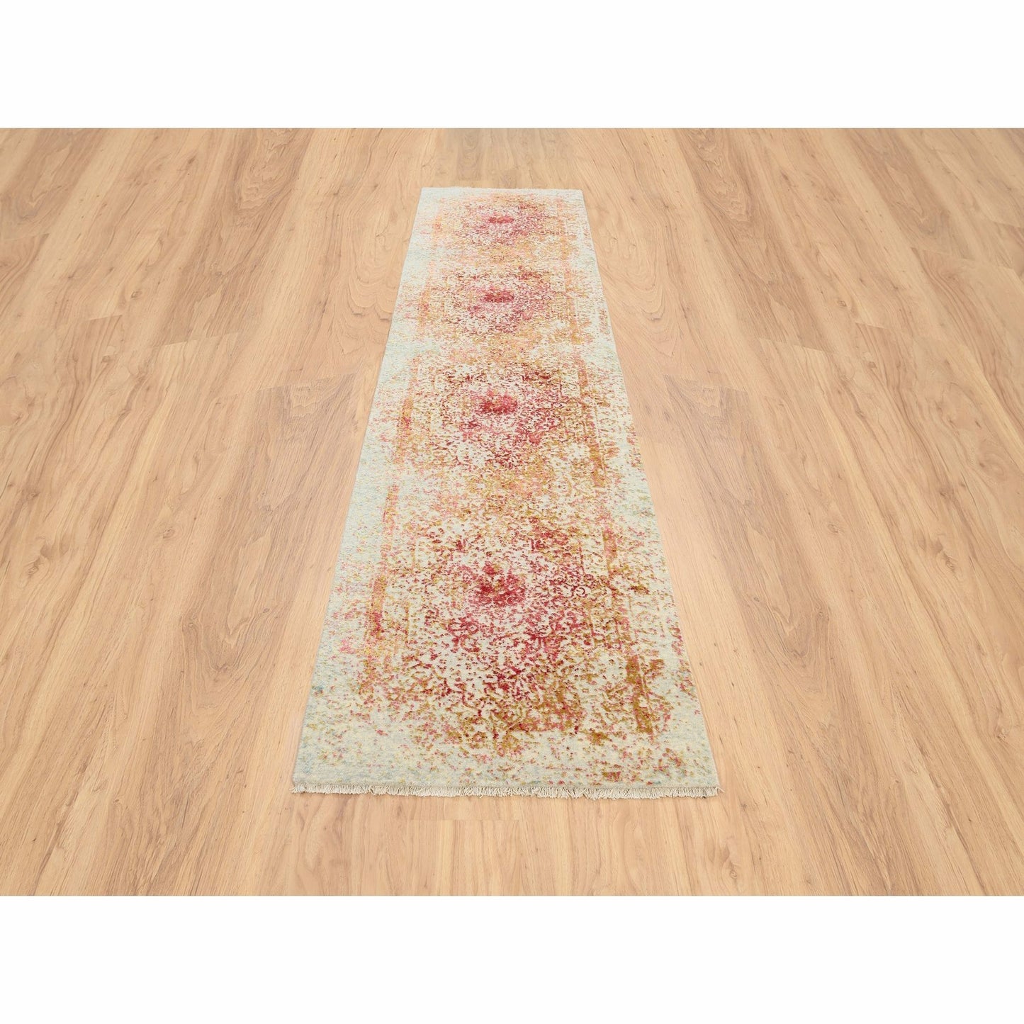 2'6"X11'10" Pink Hand Knotted Farsian Wool And Pure Silk Runner Rug