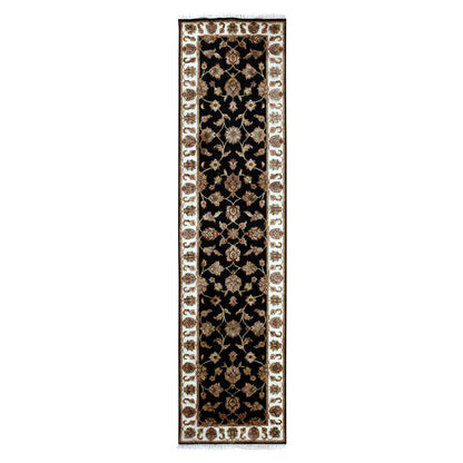 2'6"X10' Tricorn Black Wool Silk Hand Knotted Rajasthan Design Runner Rug