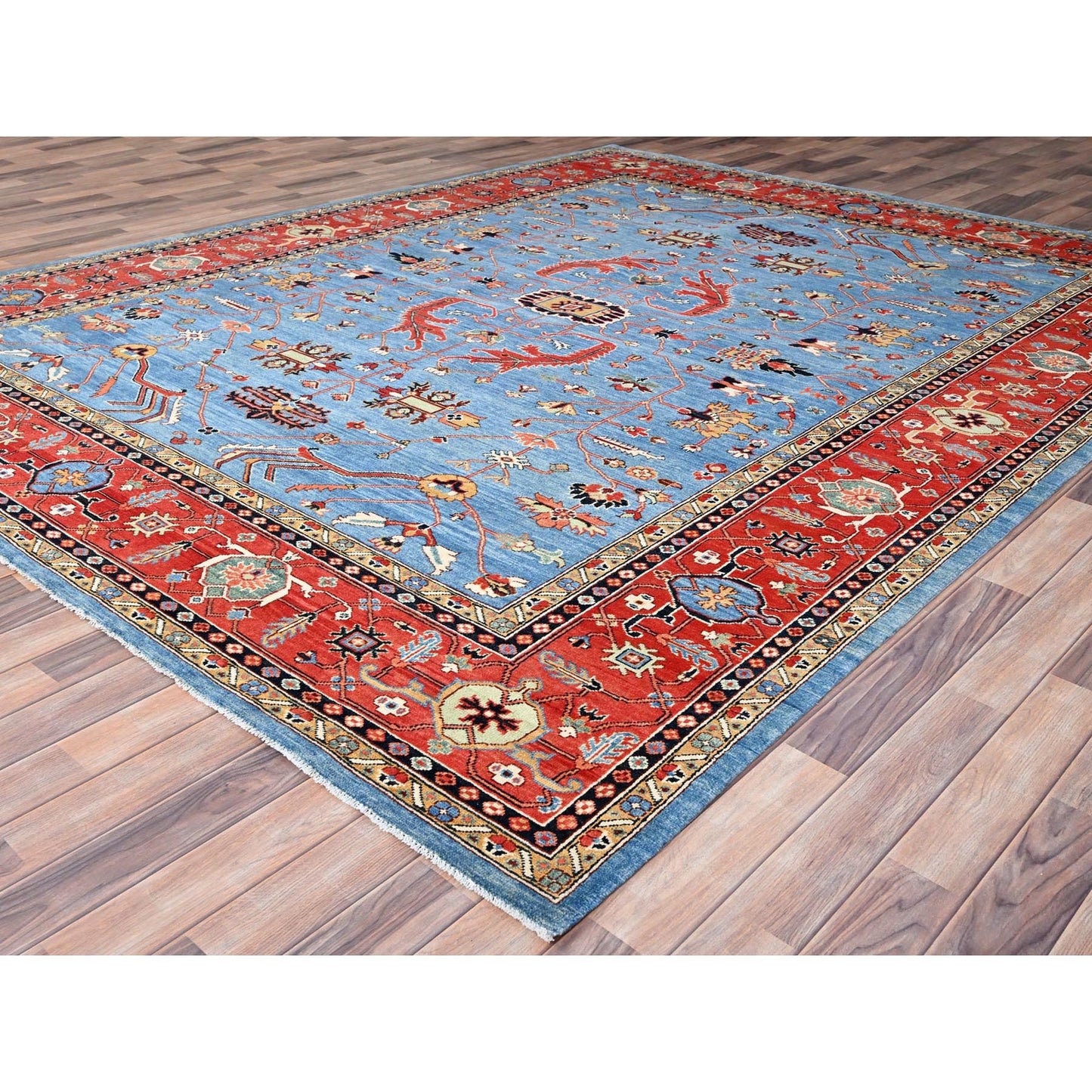 9'X11'6" Blue Extra Soft Wool Afghan Peshawar Hand Knotted Oriental Rug
