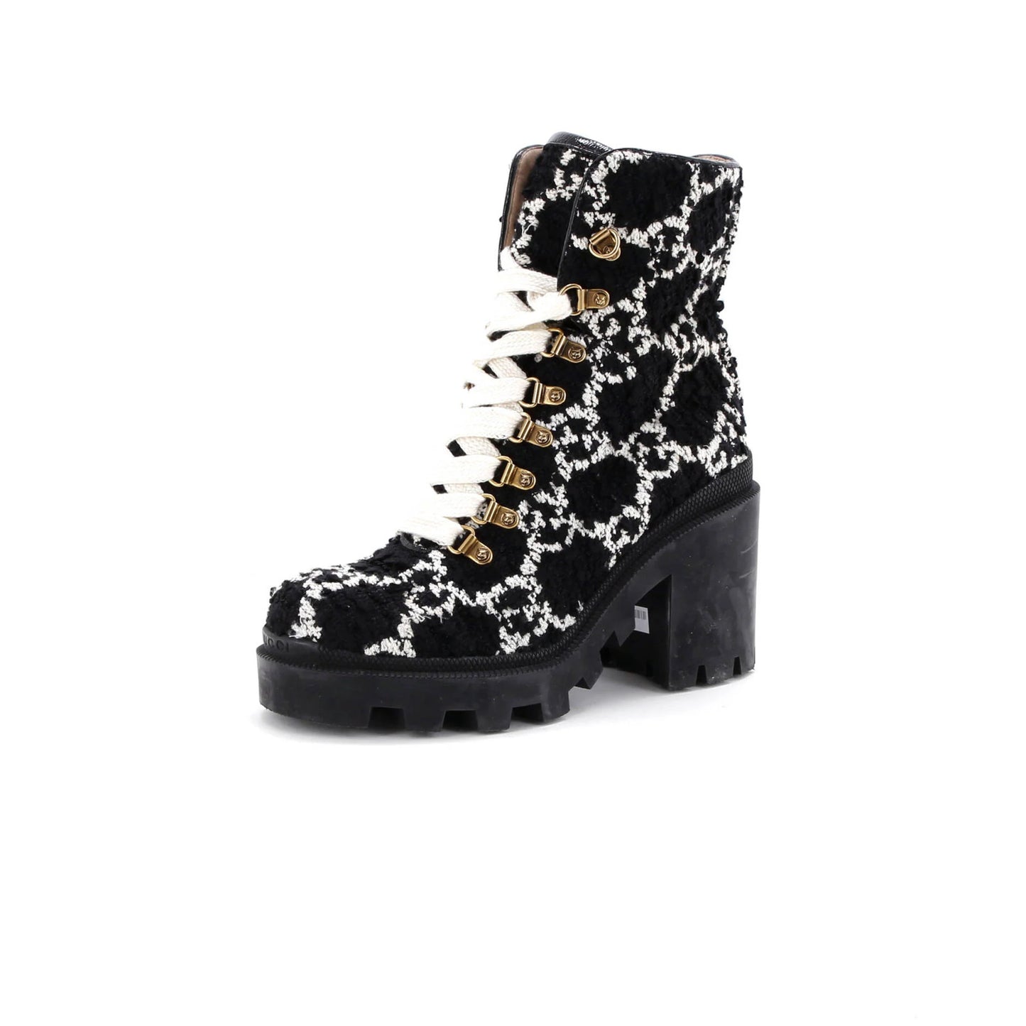 Gucci Women'S Heeled Lace Up Combat Ankle Boots Gg Tweed