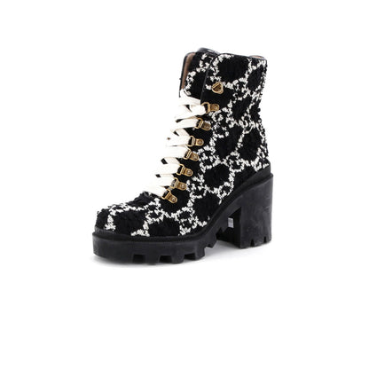 Gucci Women'S Heeled Lace Up Combat Ankle Boots Gg Tweed