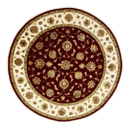 8'X8' Burgundy Red Wool And Silk Hand Knotted Rajasthan Design Round Rug