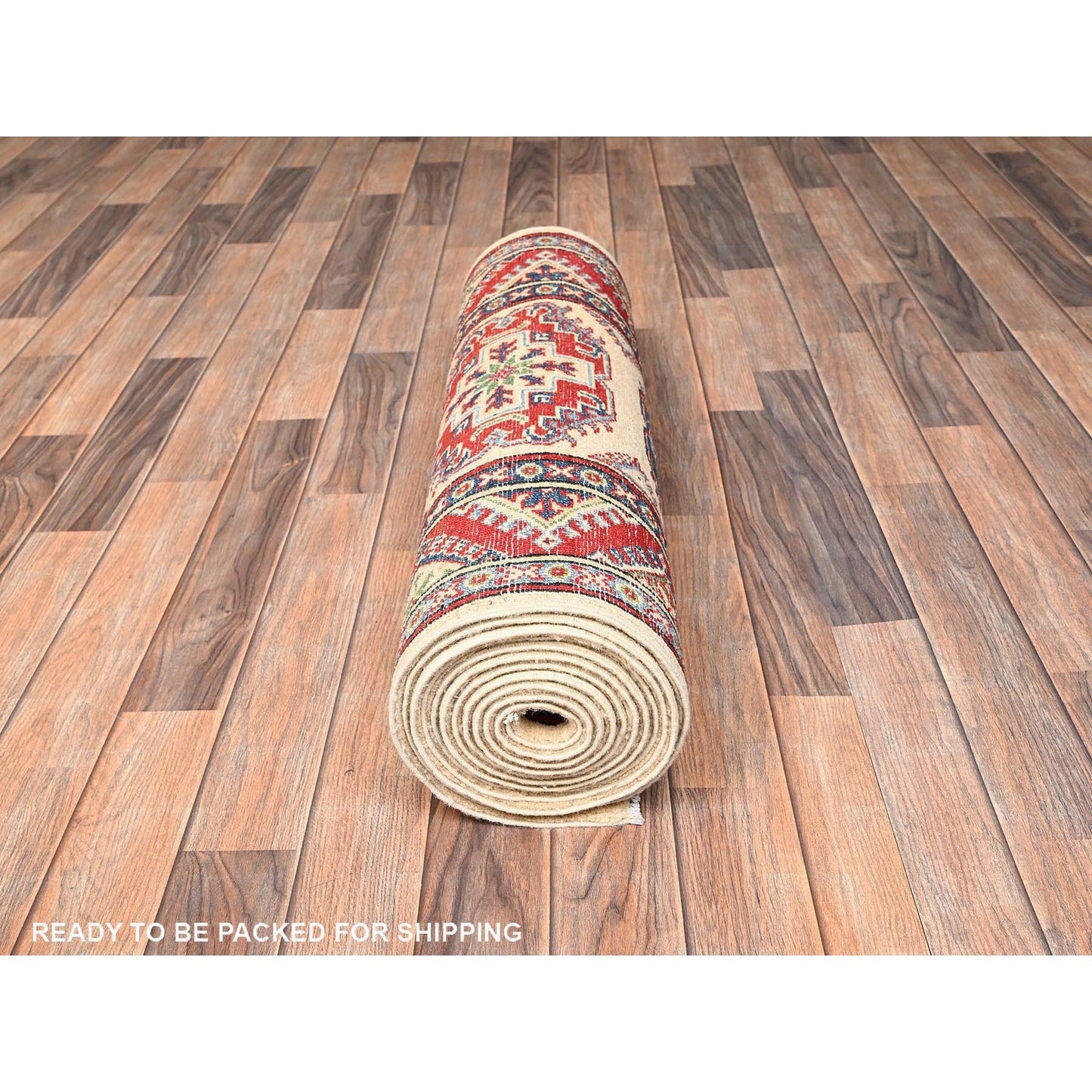 2'9"X15'5" Ivory Hand Knotted Rug Wool Kazak With Geometric Design Runner