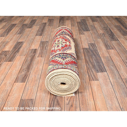 2'9"X15'5" Ivory Hand Knotted Rug Wool Kazak With Geometric Design Runner