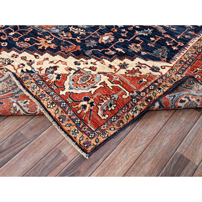9'2"X12'8" Midnight Blue Seeripe Heris Hand Knotted High Mountain Wool Rug