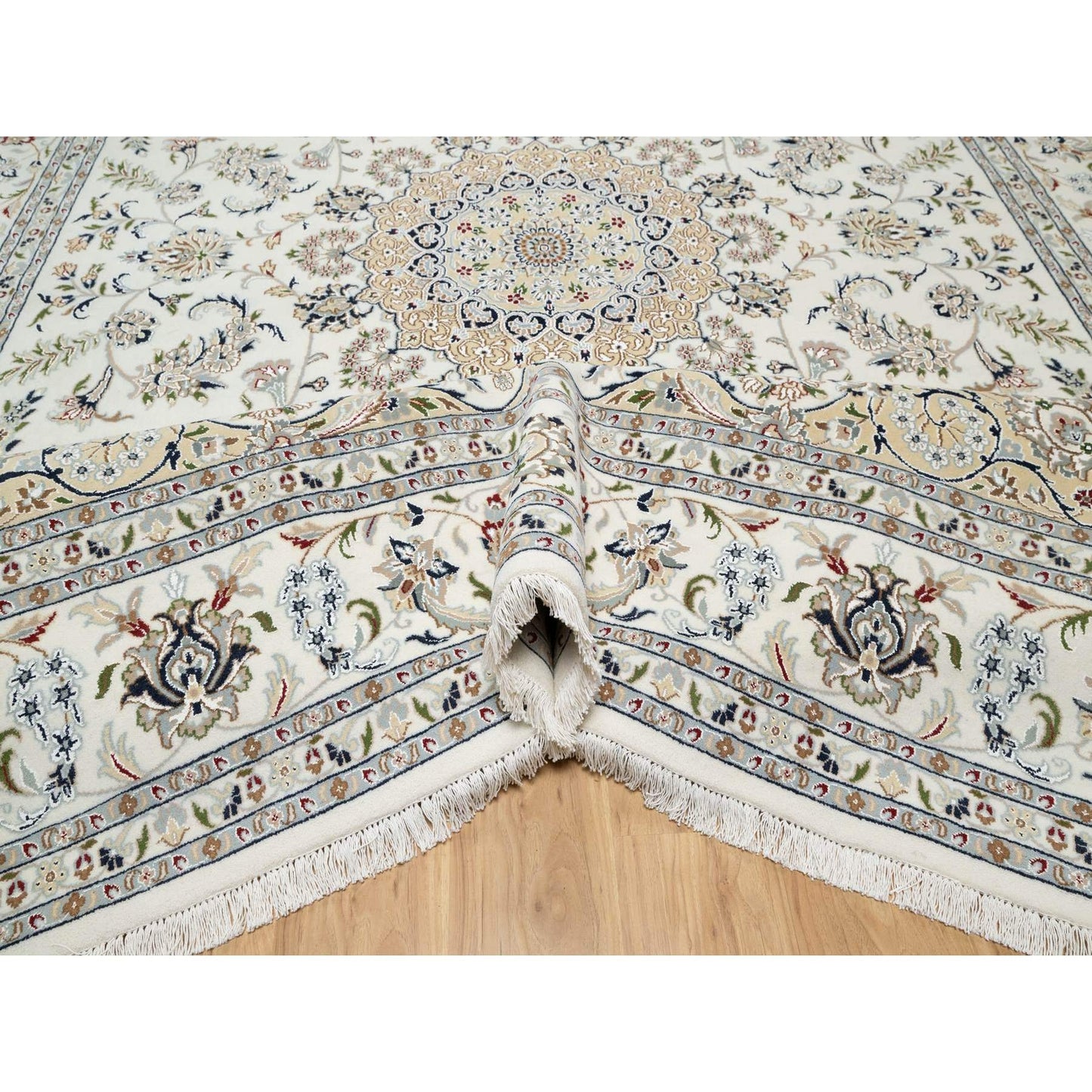 9'9"X13'9" White 250 Kpsi Nain Design Wool And Silk Hand Knotted Rug