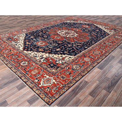 9'2"X12'8" Midnight Blue Seeripe Heris Hand Knotted High Mountain Wool Rug