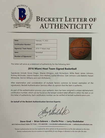 2016-17 Miami Heat Autographed Miami Heat I/O Basketball (Bvg)